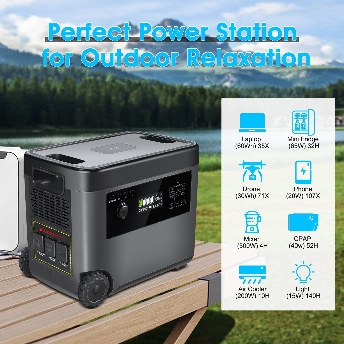 BTMETER Portable Power Station Trolley Pulley Design, 2160 Wh Solar Generator 2000W AC Output for Outdoor Camping, Home Backup, Emergency