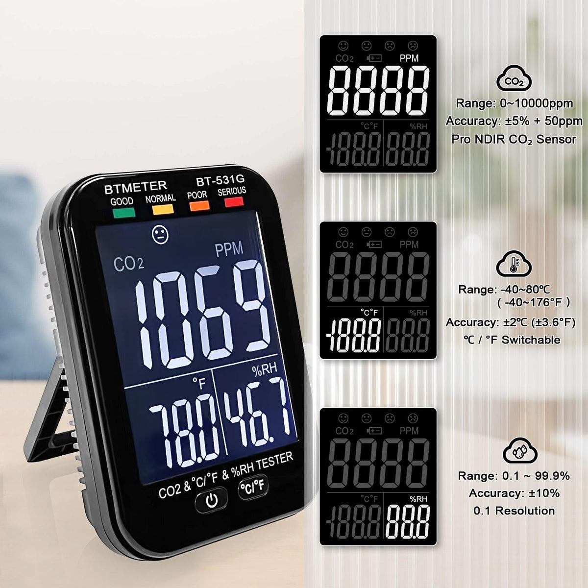 Produktbild von FTVOGUE CO2-Luftqualitätsmonitor, Tragbar, LCD Mit Hintergrundbeleuchtung, Misst PM2.5, PM10, HCHO, TVOC, CO2 – USB, 1200 MAh