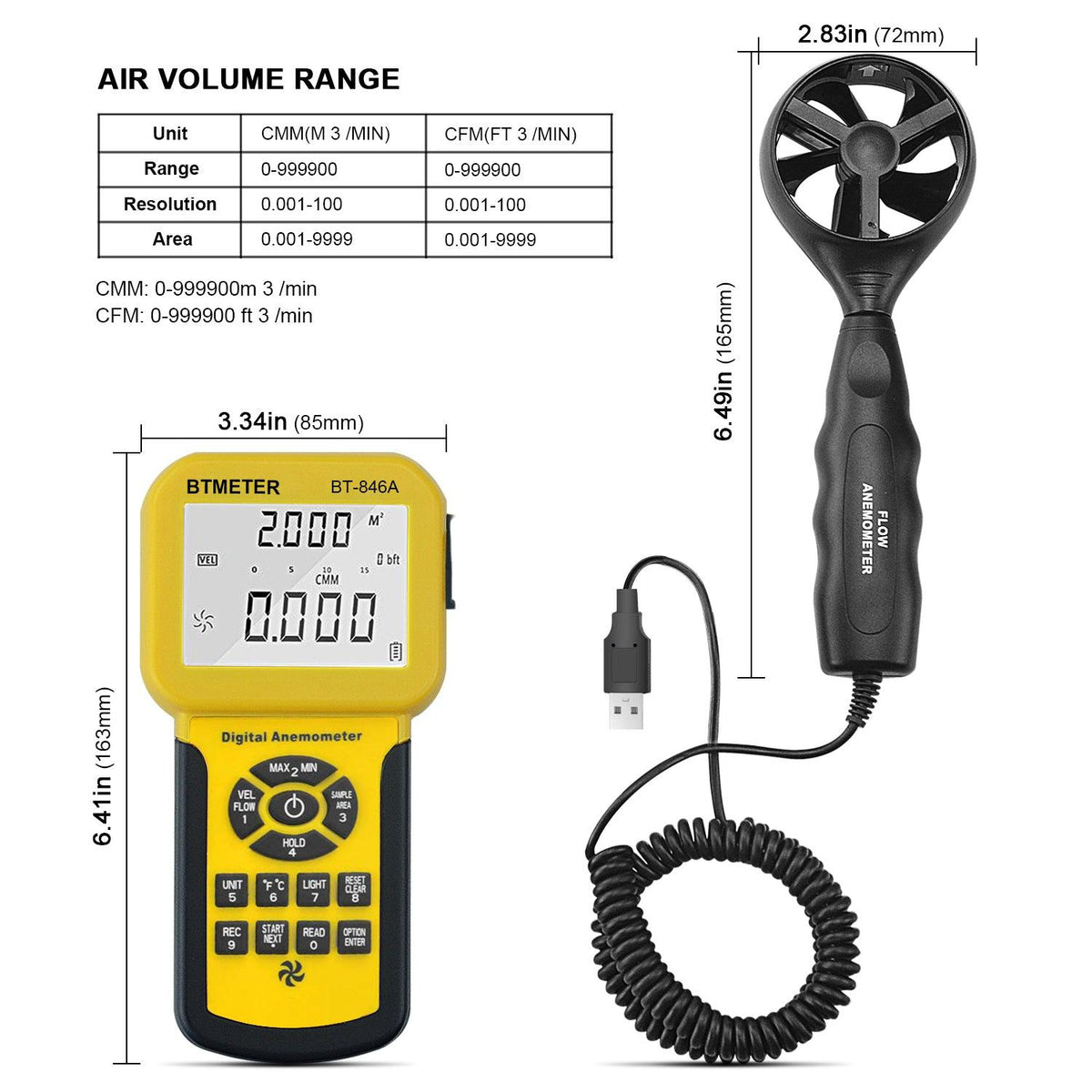 BTMETER BT-866A Pro Handheld HVAC-anemometer voor CFM Luchtstroom, windsnelheidsmeter Metermetingen Windsnelheid Temp% RV Dauwpunt met USB-synchronisatie met pc BTMETER BT-866A Pro Handheld HVAC-anemometer voor CFM Luchtstroom, windsnelheidsmeter Metermetingen Windsnelheid Temp% RV Dauwpunt met USB-synchronisatie met pc
