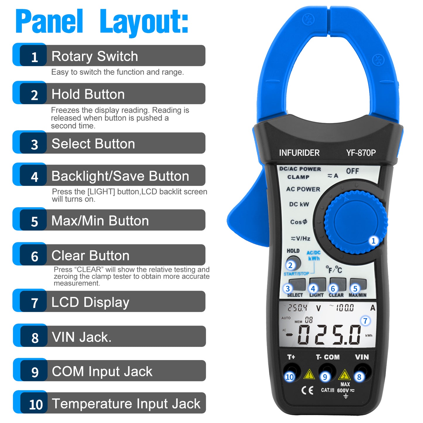 BTMETER BT-870P Clamp Active Reactive Power Meter AC DC 999.9A - btmeter-store