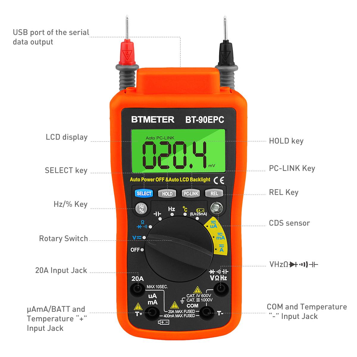 BTMETER BT-90EPC Digital Multimeter, w/ USB to PC Link Sync for Data Logging - btmeter-store