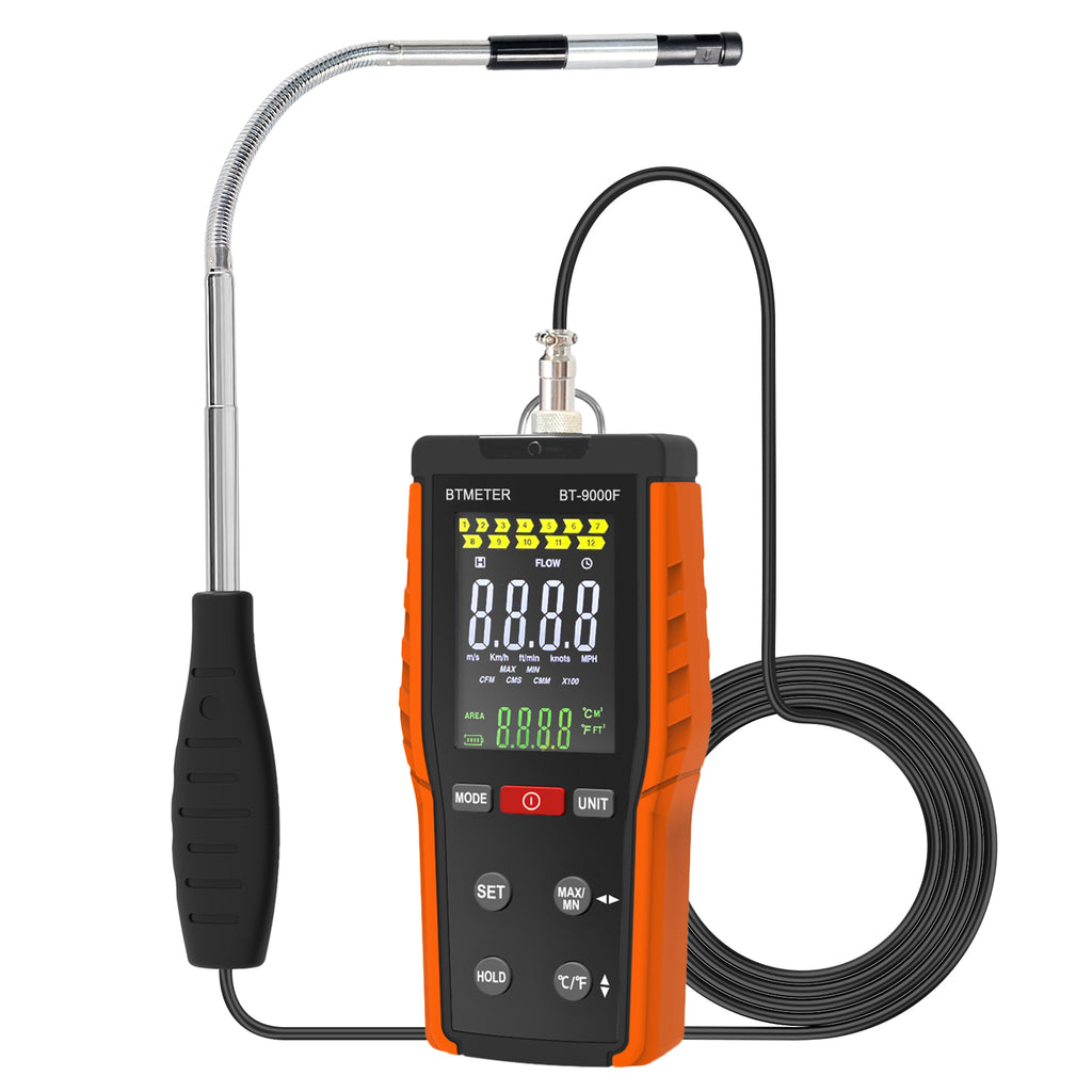 BT-9000F A6 High-Precision Handheld Thermosensitive Anemometer with Retractable Probe Features CFM/CMM/m/s Unit Switching and LCD Backlight Air Conditioning Ventilation Testing