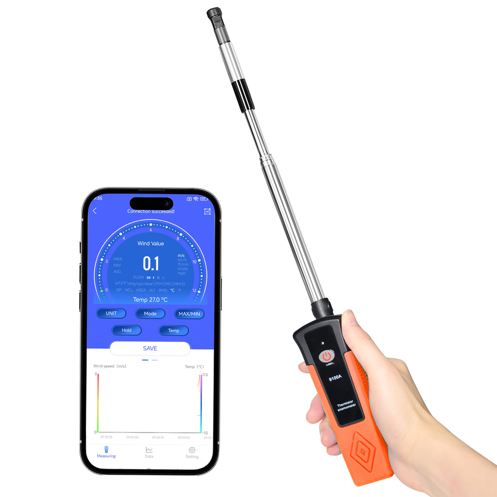 Hvac Testing Instruments BT-9100A Wireless Bluetooth Thermal Anemometer Extendable Multi-Angle