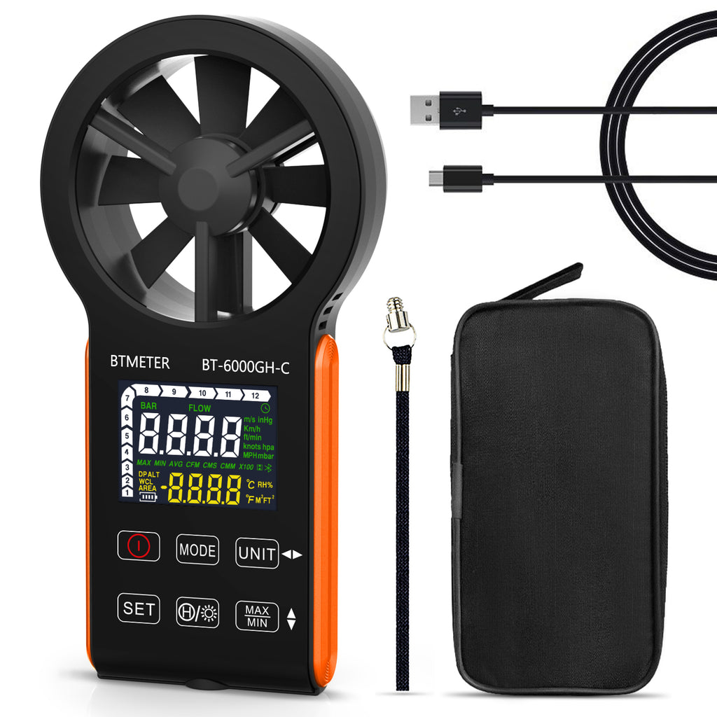 BESTMETER BT-6000GH-C Rechargable Anemometer Handheld Air Flow Meter, Touch Button Anemometer CFM Meter