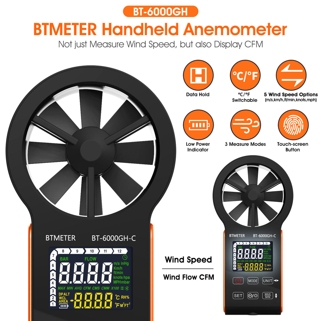 BESTMETER BT-6000GH-C Rechargable Anemometer Handheld Air Flow Meter, Touch Button Anemometer CFM Meter