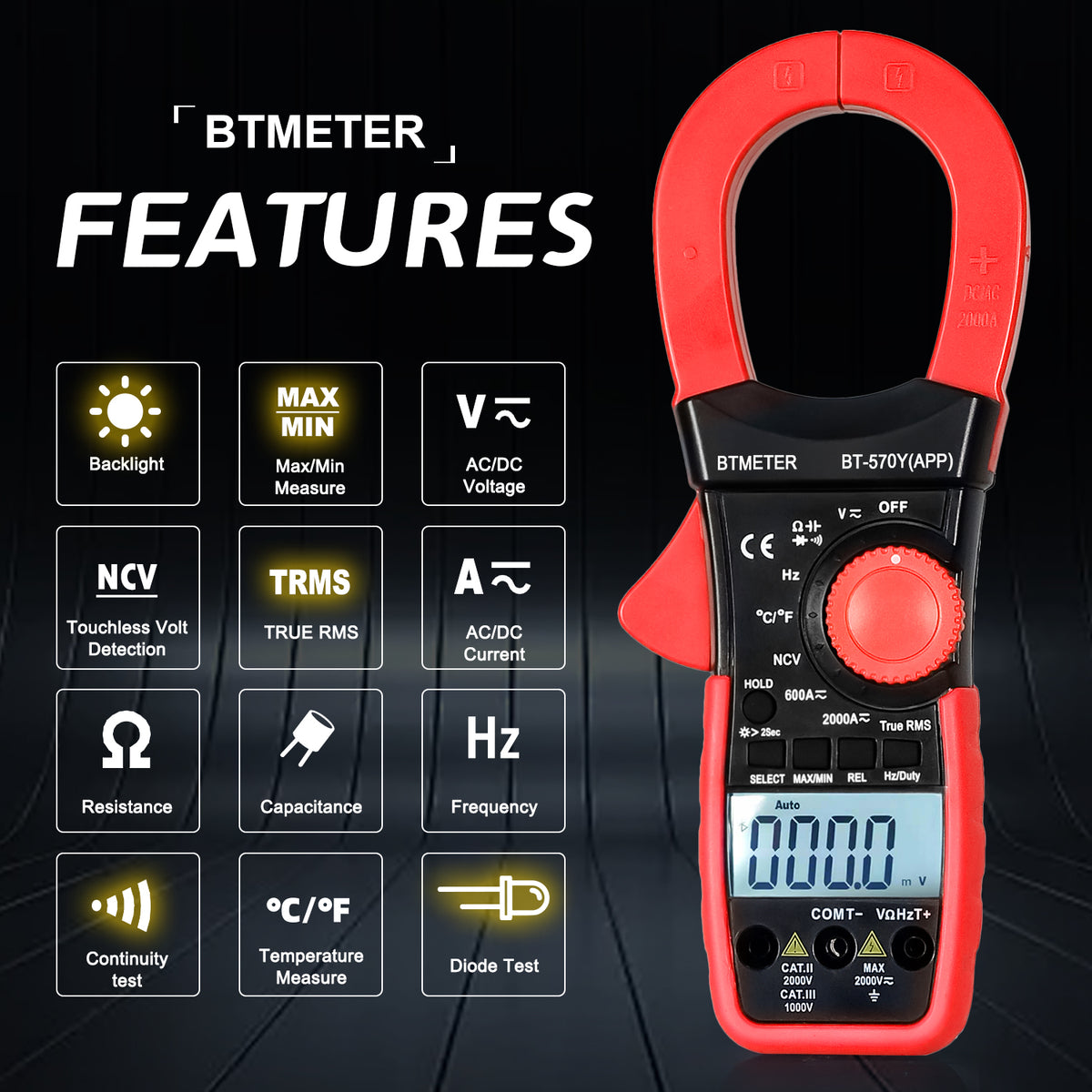 BTMETER BT-570Y-APP Digital Clamp Multimeter, 2000A, 2000V