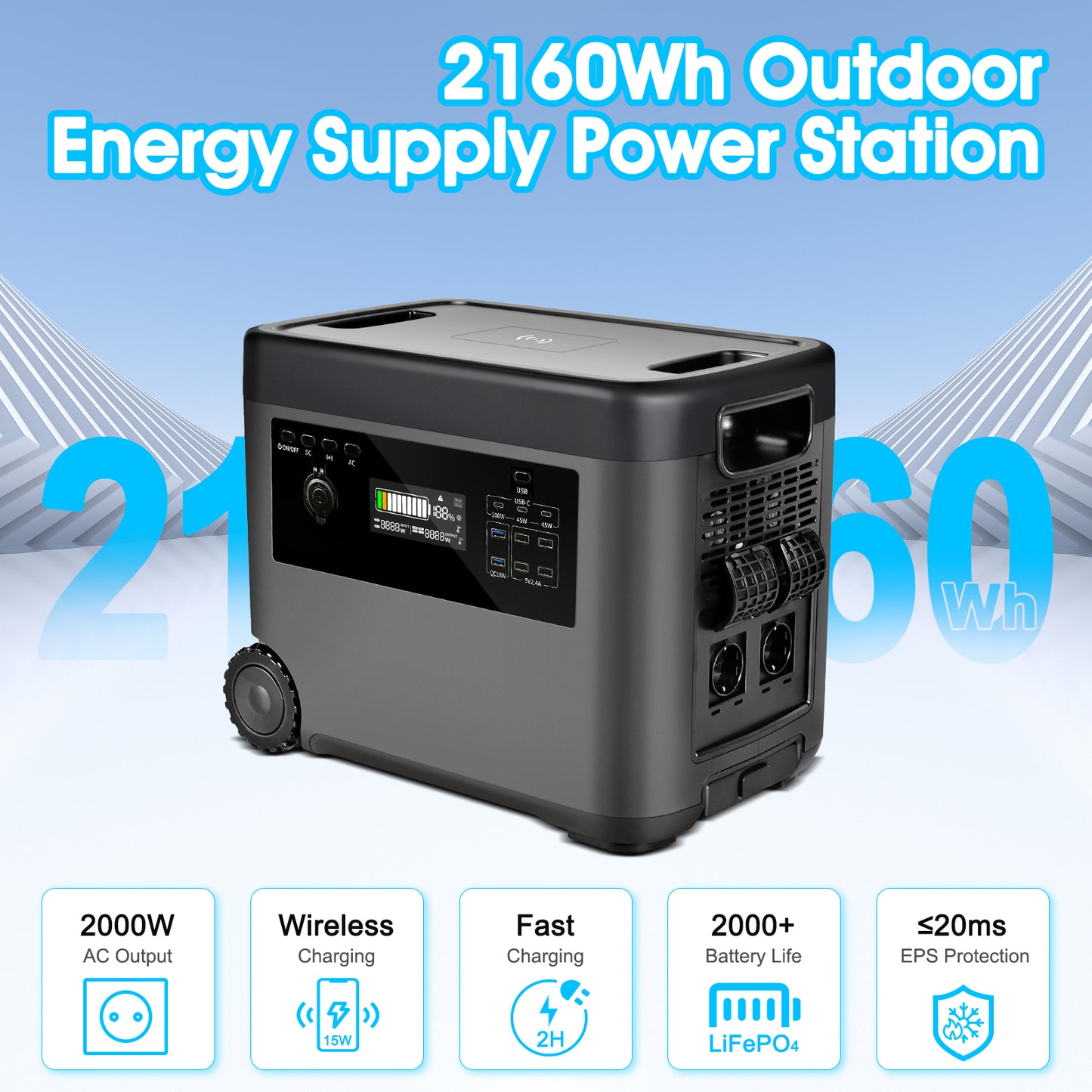 BTMETER Portable Power Station Trolley Pulley Design, 2160 Wh Solar Generator 2000W AC Output for Outdoor Camping, Home Backup, Emergency