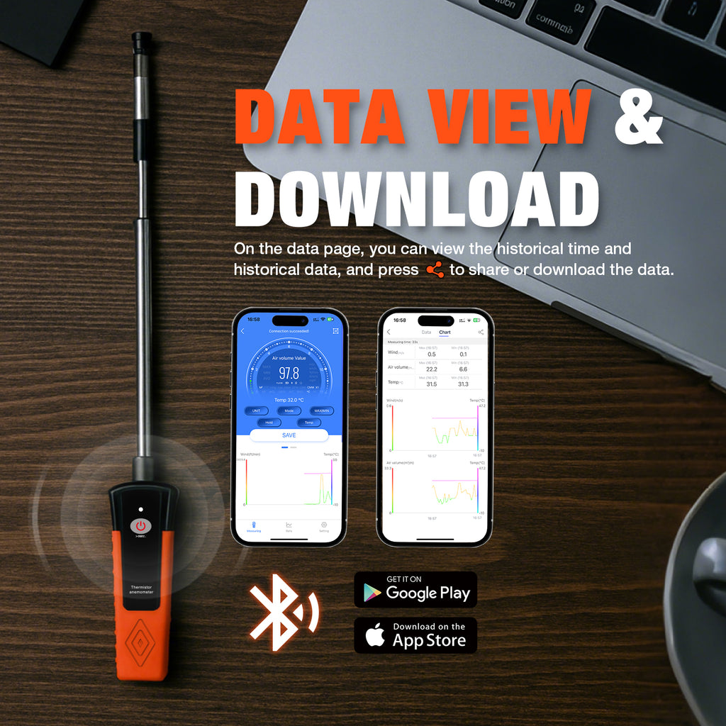 BT-9100A Wireless Bluetooth Thermal Anemometer Extendable Multi-Angle Probe Wind Speed, Airflow & Temperature Measurement APP Data Chart Analysis Smart Temperature, Humidity & Airflow Meter HVAC Testing Instrument