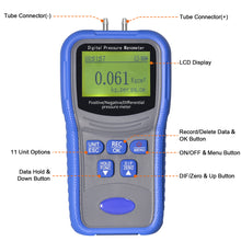 Carregar imagem no visualizador da galeria, BT-T9-TM510 Portable Differential Pressure Gauge 9V Battery Powered Quick Connectors Suitable for HVAC and Environmental Monitoring