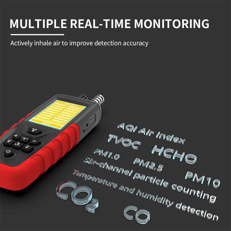 HZ-8110 Air Quality Detector – 9-in-1 Professional Tester with CO₂, TVOC, HCHO (Formaldehyde), CO (Carbon Monoxide), PM1.0/PM2.5/PM10, AQI, Temperature & Humidity, Data Logging, 3.2" TFT Display