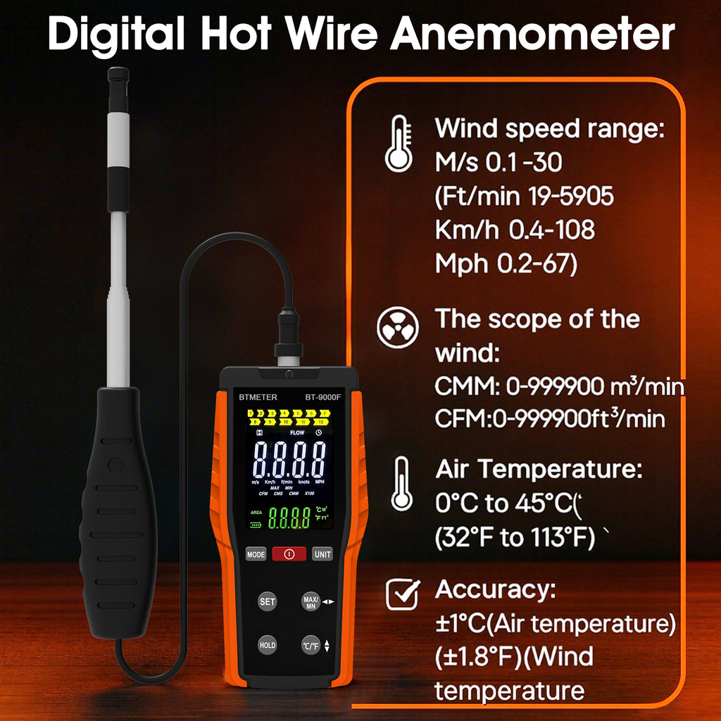 BT-9000F A6 High-Precision Handheld Thermosensitive Anemometer with Retractable Probe Features CFM/CMM/m/s Unit Switching and LCD Backlight Air Conditioning Ventilation Testing