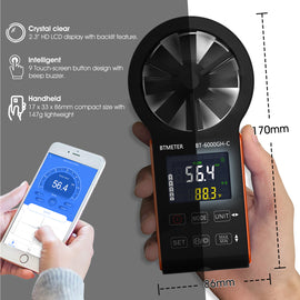 BESTMETER BT-6000GH-C Rechargable Anemometer Handheld Air Flow Meter, Touch Button Anemometer CFM Meter