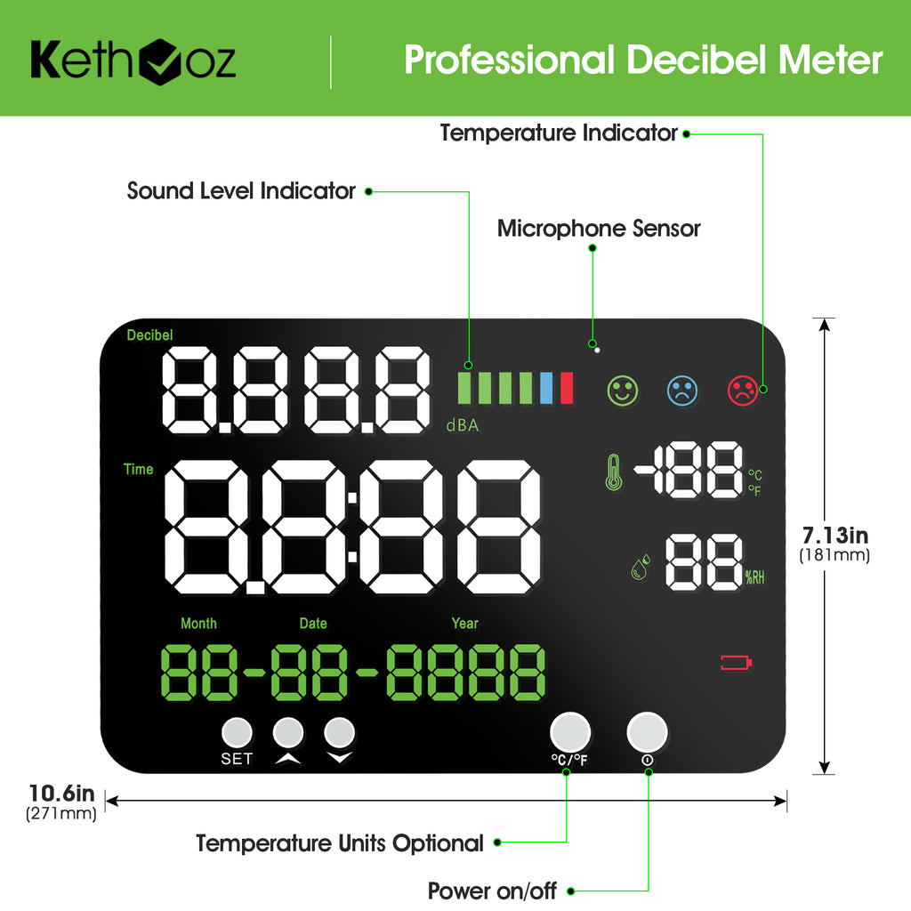 BTMETER BT-7000A 4-in-1 Decibel Meter 30~130dB, Decibel/Temperature/Humidity Meter with Alarm and USB Cable