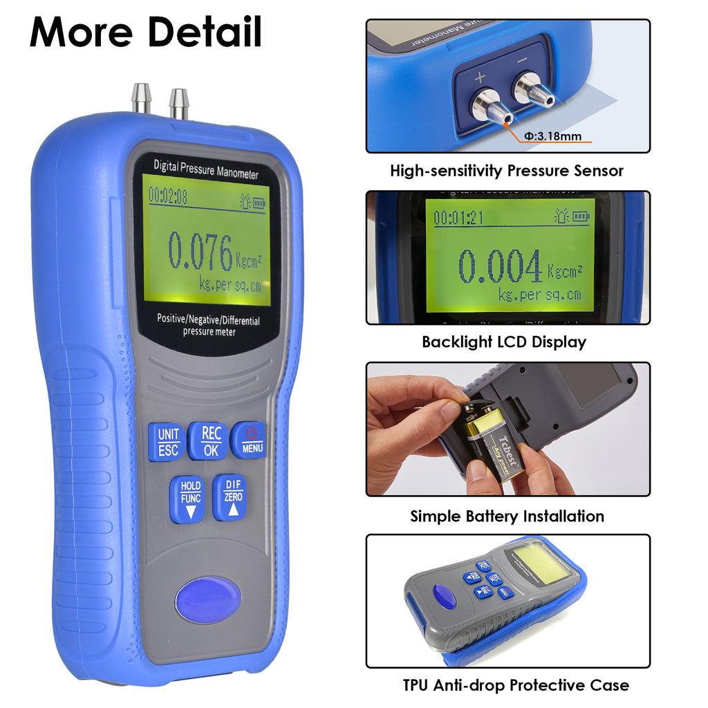 BT-T9-TM510 Portable Differential Pressure Gauge 9V Battery Powered Quick Connectors Suitable for HVAC and Environmental Monitoring