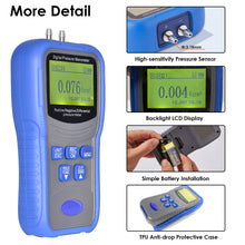 Carregar imagem no visualizador da galeria, BT-T9-TM510 Portable Differential Pressure Gauge 9V Battery Powered Quick Connectors Suitable for HVAC and Environmental Monitoring