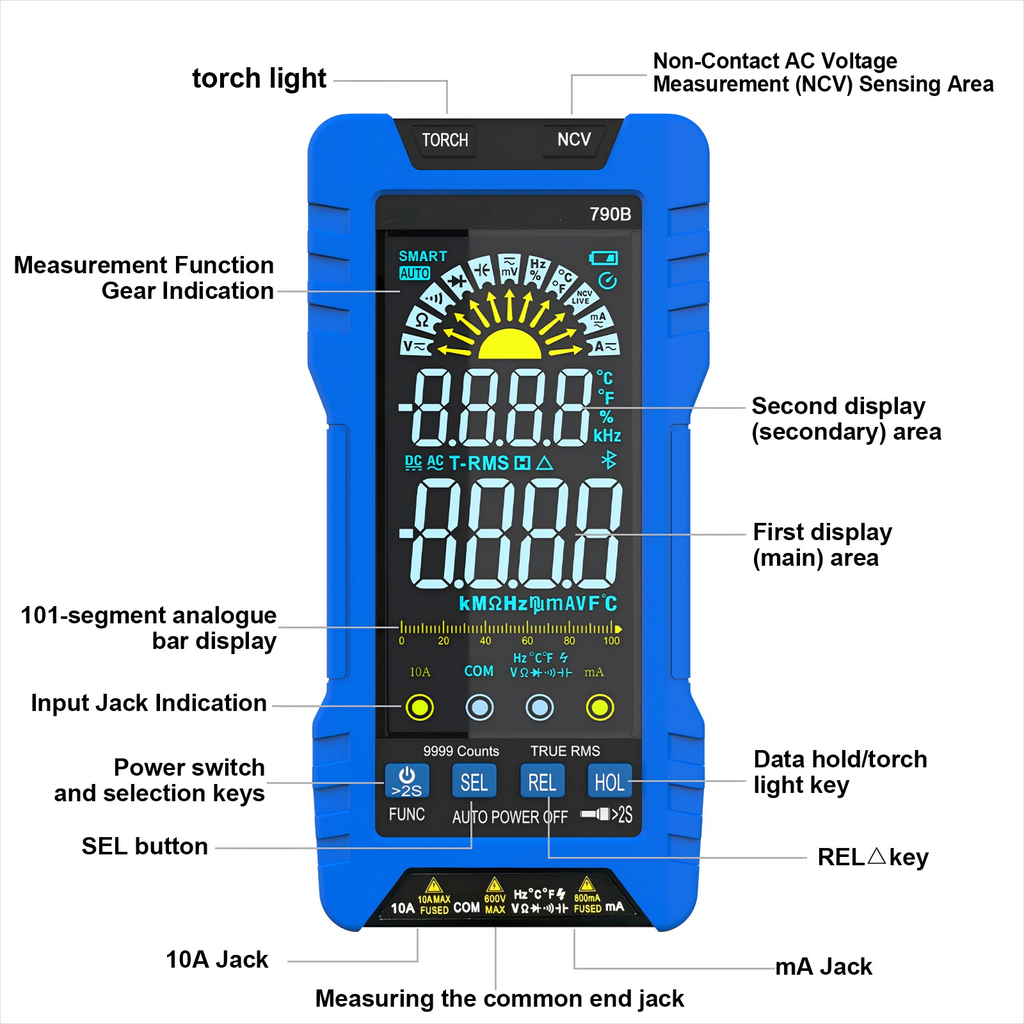 BT-790B True RMS AutoRange Digital Multimeter with Bluetooth APP 6000 Count LCD Display Rechargeable Li-Ion Battery