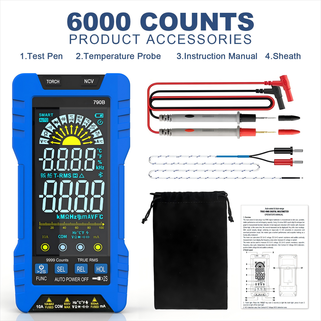 BT-790B True RMS AutoRange Digital Multimeter with Bluetooth APP 6000 Count LCD Display Rechargeable Li-Ion Battery