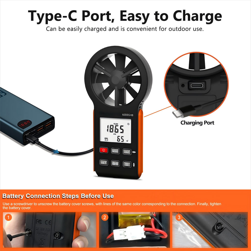 6000GHB High-Precision Wind Speed and Airflow Meter - Portable Multifunctional Anemometer with Temperature Detection/Backlight Display/Type-C Charging