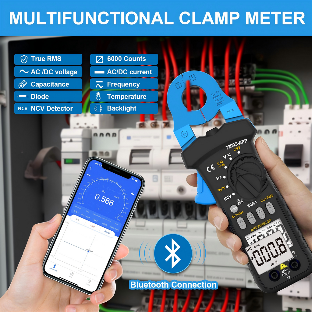 BT-7200S-APP Smart Bluetooth Clamp Multimeter - 6000-count true RMS AC/DC clamp meter with APP remote monitoring, capable of measuring voltage/current/resistance/capacitance/frequency/temperature/NCV non-contact voltage measurement.