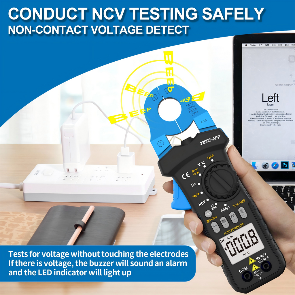 BT-7200S-APP Smart Bluetooth Clamp Multimeter - 6000-count true RMS AC/DC clamp meter with APP remote monitoring, capable of measuring voltage/current/resistance/capacitance/frequency/temperature/NCV non-contact voltage measurement.