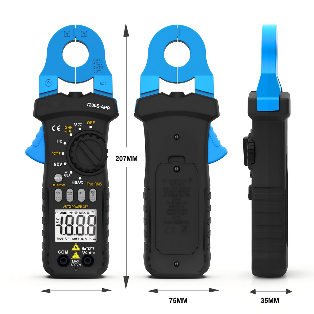 BT-7200S-APP Smart Bluetooth Clamp Multimeter - 6000-count true RMS AC/DC clamp meter with APP remote monitoring, capable of measuring voltage/current/resistance/capacitance/frequency/temperature/NCV non-contact voltage measurement.