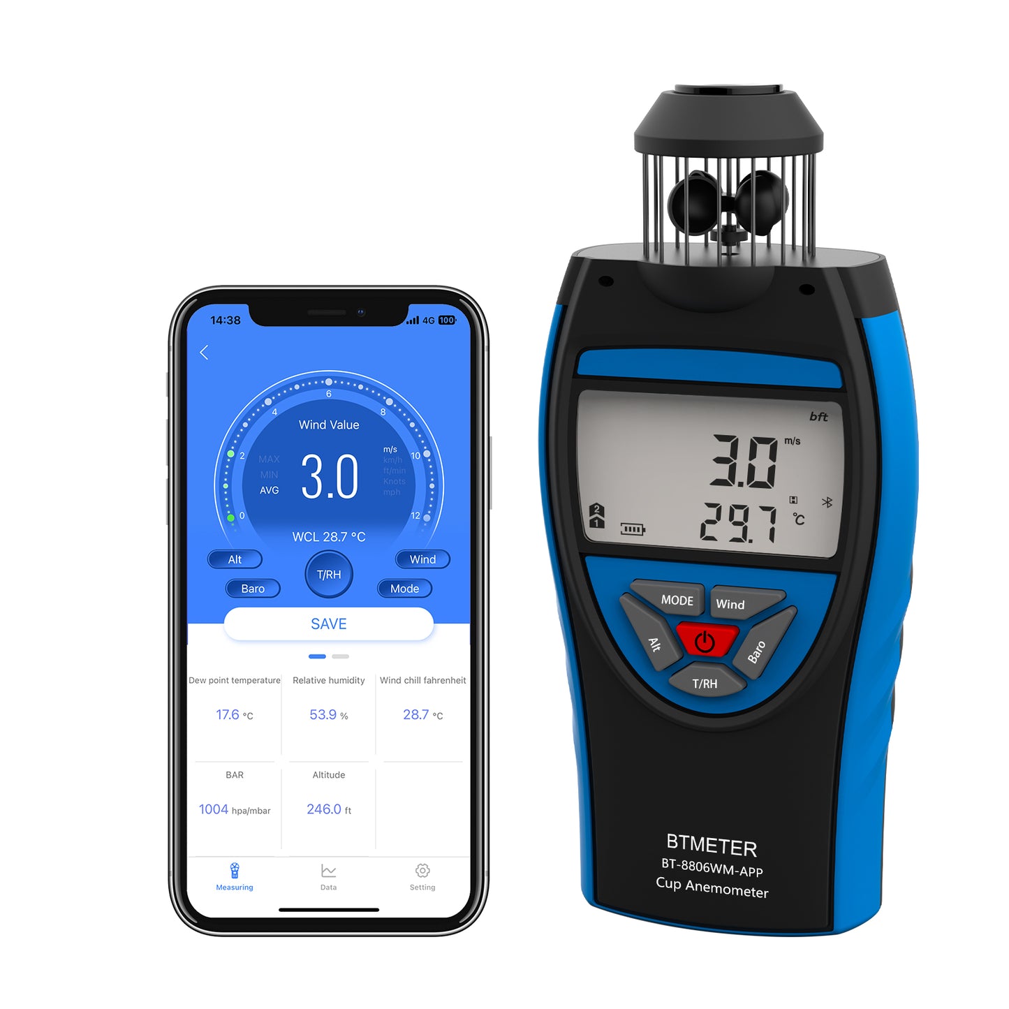 Btmeter Cup Anemometer Handheld Air Flow Meter, Wind Speed Data Logger w/Barometer Measure Wind Velocity/Temperature/Altitude/Humidity for HVAC Air Ventilation, Drone Hiking Outdoor Activities