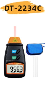 DT-2234B+ High-Precision Laser/Optical Dual-Mode Digital Tachometer | 5-digit LCD Large Display | Memory Function (Last/Max/Min Values) | Includes Reflective Marker and Carrying Case