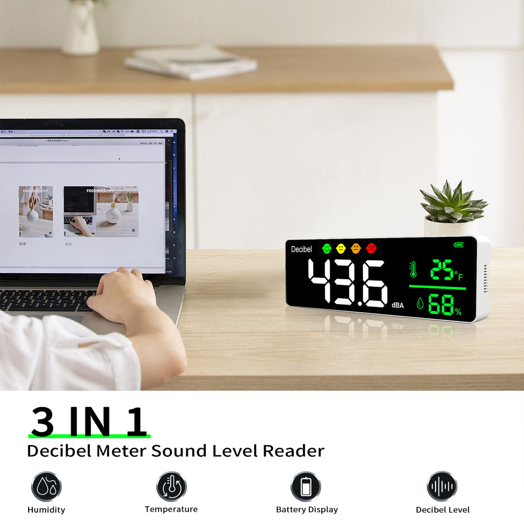HP-T4-DM1306D-M  3-in-1 Multifunctional Sound Level Meter｜Real-time Noise/Temperature & Humidity Monitor｜30-130dB Wide Range｜Visual Decibel Alarm｜2000mAh Long-lasting Portable Model