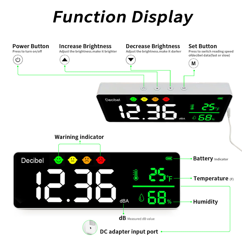 HP-T4-DM1306D-M  3-in-1 Multifunctional Sound Level Meter｜Real-time Noise/Temperature & Humidity Monitor｜30-130dB Wide Range｜Visual Decibel Alarm｜2000mAh Long-lasting Portable Model