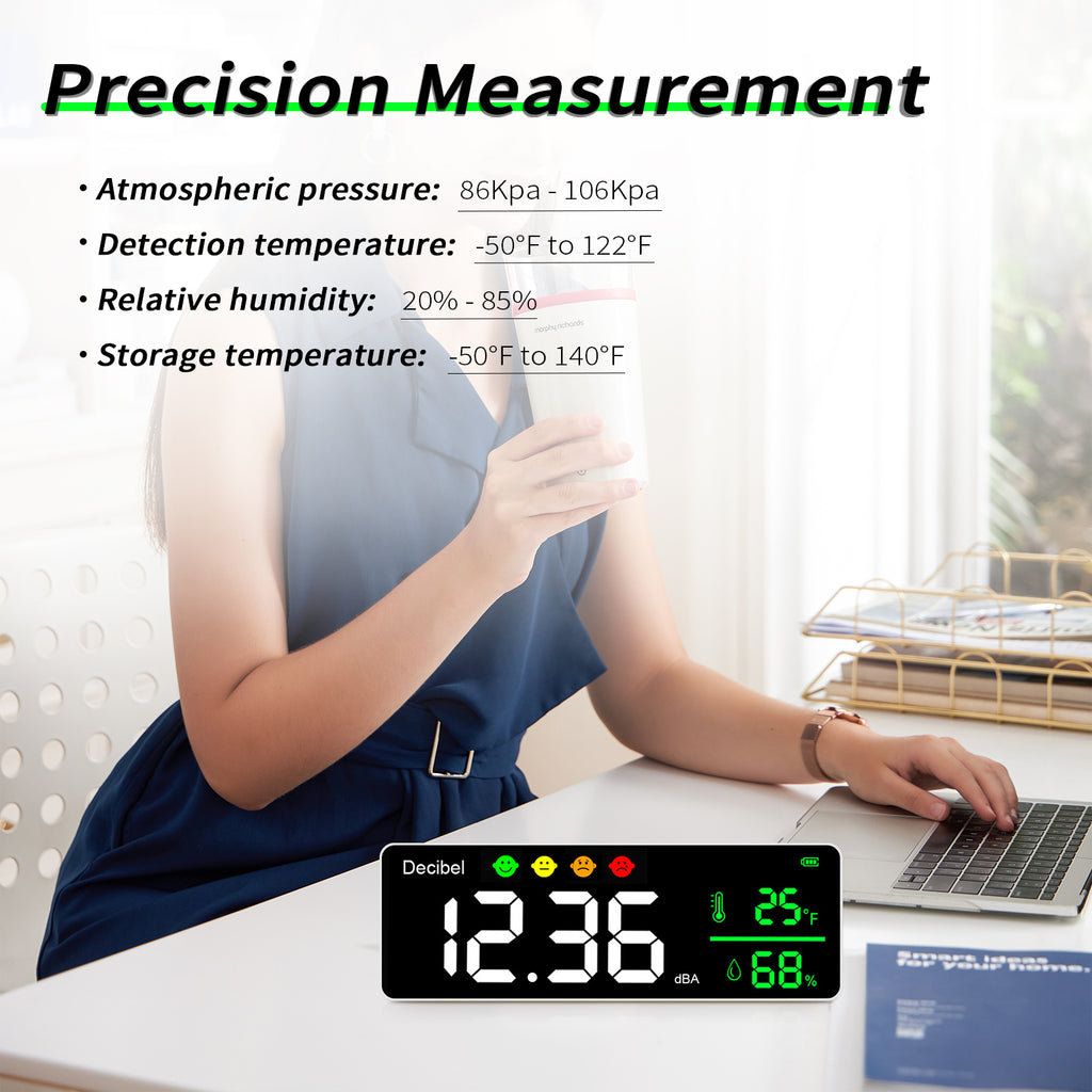 HP-T4-DM1306D-M  3-in-1 Multifunctional Sound Level Meter｜Real-time Noise/Temperature & Humidity Monitor｜30-130dB Wide Range｜Visual Decibel Alarm｜2000mAh Long-lasting Portable Model
