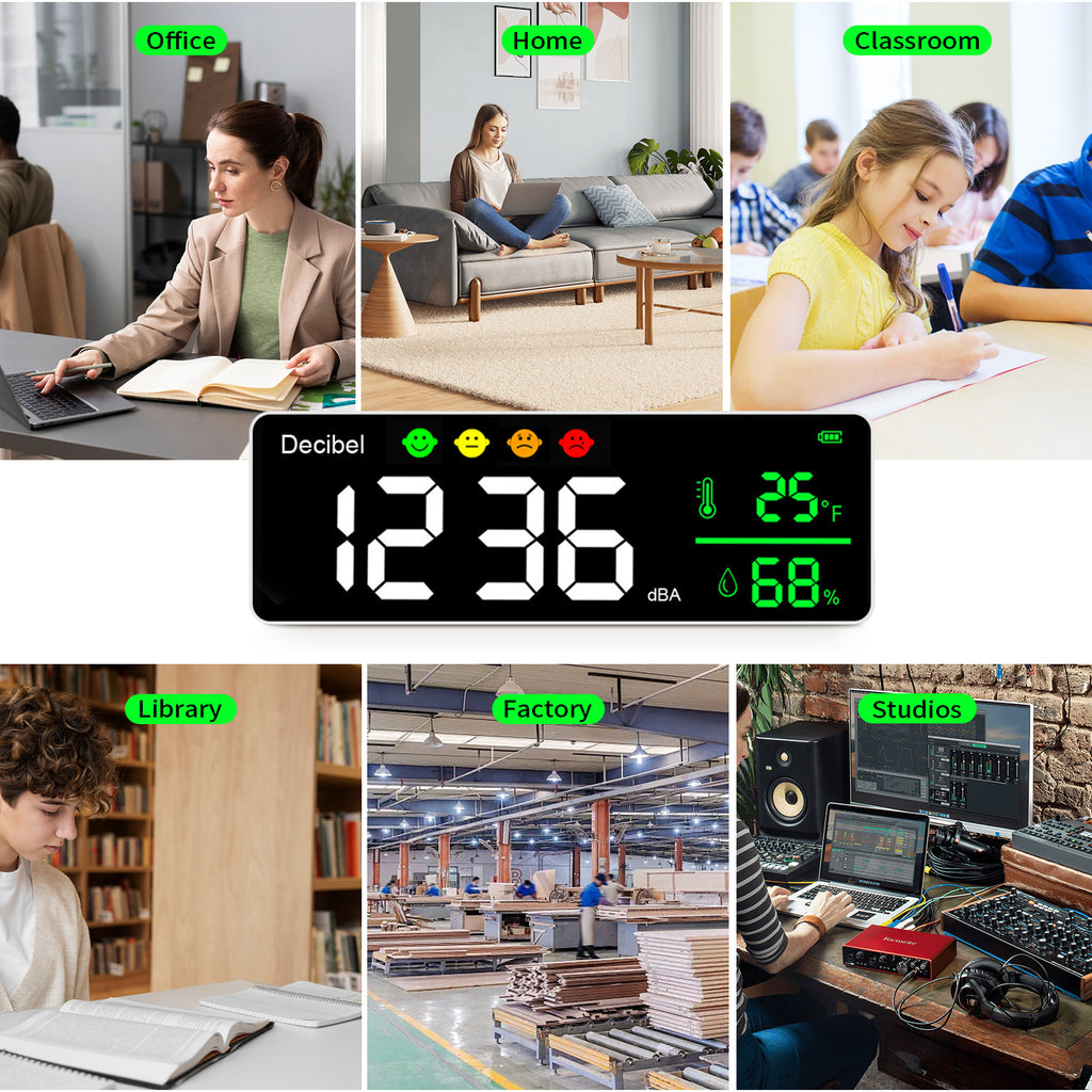 HP-T4-DM1306D-M  3-in-1 Multifunctional Sound Level Meter｜Real-time Noise/Temperature & Humidity Monitor｜30-130dB Wide Range｜Visual Decibel Alarm｜2000mAh Long-lasting Portable Model