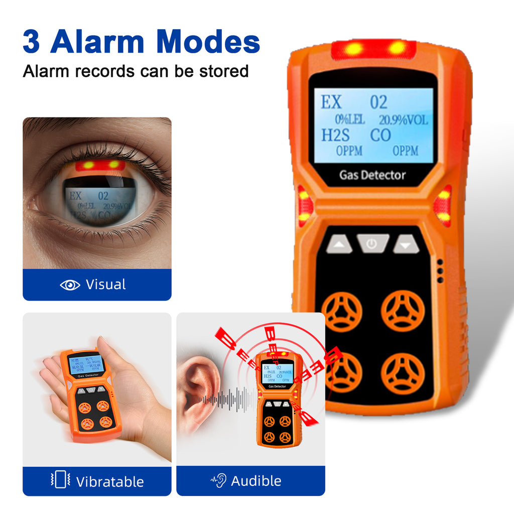 T0-ADKS-4 Four-in-one gas detector Detects combustible gases/oxygen/CO/H₂S Audible and visual vibration alarm Explosion-proof design Portable