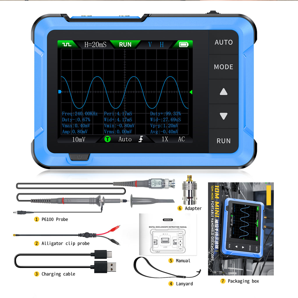 BT-T7-DSO510 Portable Dual-Function Oscilloscope 10MHz bandwidth, 48MSa/s sampling rate Built-in multi-waveform signal generator 2.8-inch colour display