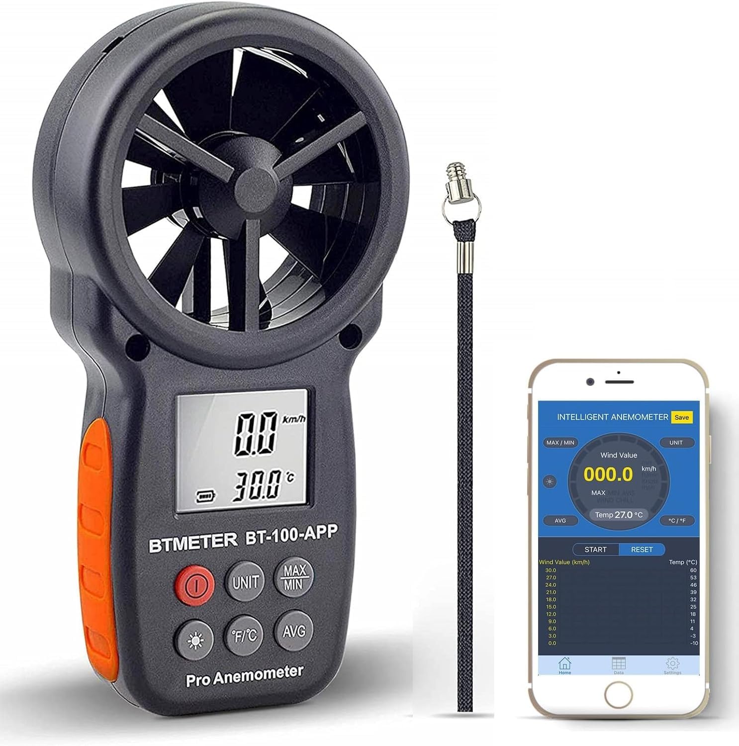 Portable Animometer Digital Anemometer, Handheld APP Data Support