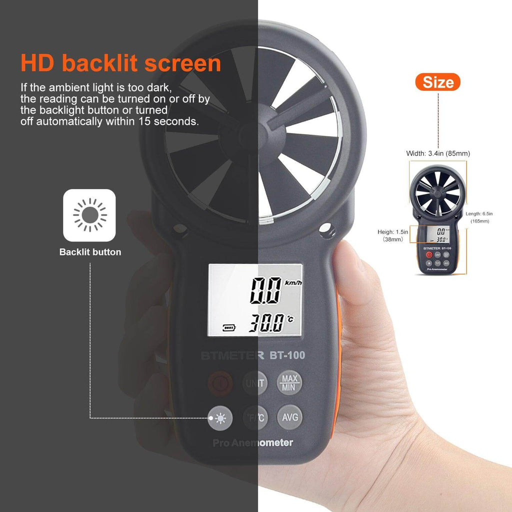 BTMETER BT-100 Vane anemometer, Digital Anemometer, Handheld Wind Speed Meter - btmeter-store