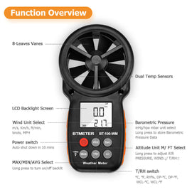 BTMETER BT-100-WM Anemometer 6 in 1 Wind Speed Meter - btmeter-store