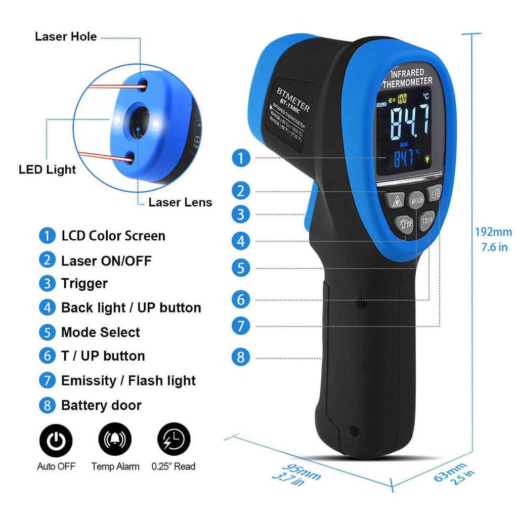 BTMETER BT-1500C Digital Infrared Thermometer Color LCD -50~1500C DS 30:1 - btmeter-store