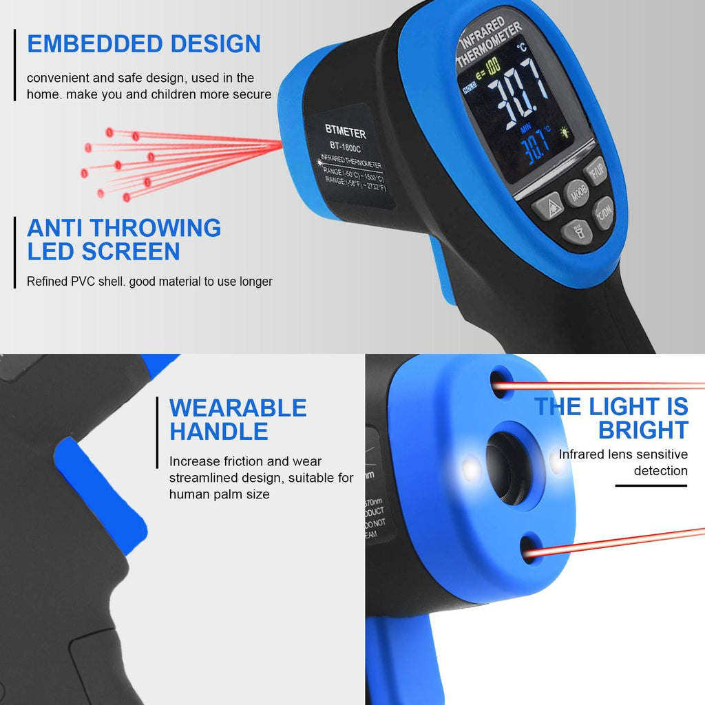 BTMETER BT-1800C High Temperature Infrared Thermometer, Pyrometer -58°F ~3272°F IR Temp Gun (NOT for Human Temp) - btmeter-store