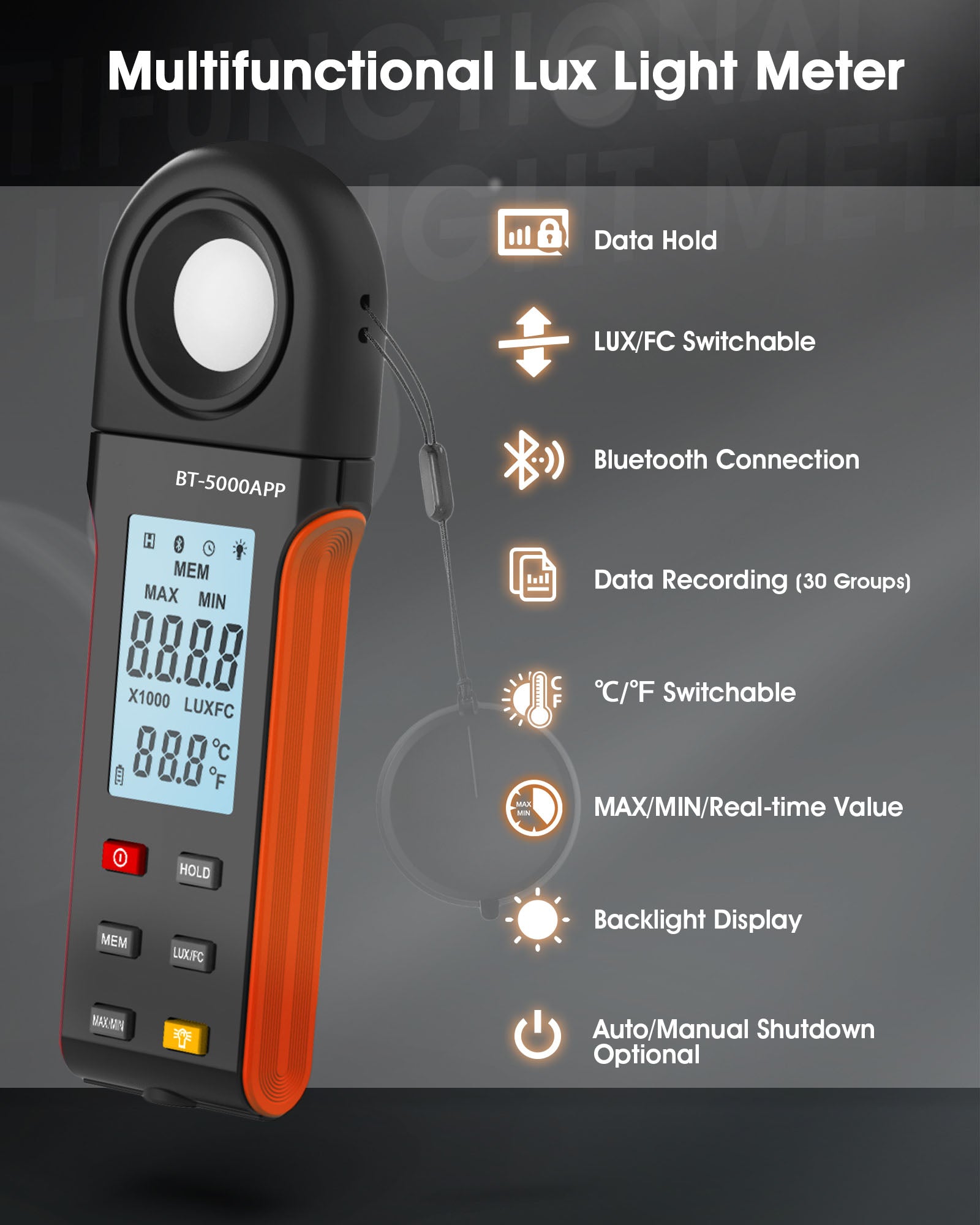 Meter Store BTMETER BT-5000APP Illuminance Light Meter with Bluetooth, Digital Lux