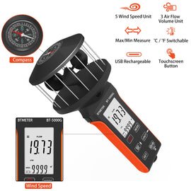 BTMETER BT - 5000G Rechargeable Handheld Wind Speed Meter, Touch Buttons for Shooting, Sailing, Surfing, Drone - btmeter - store