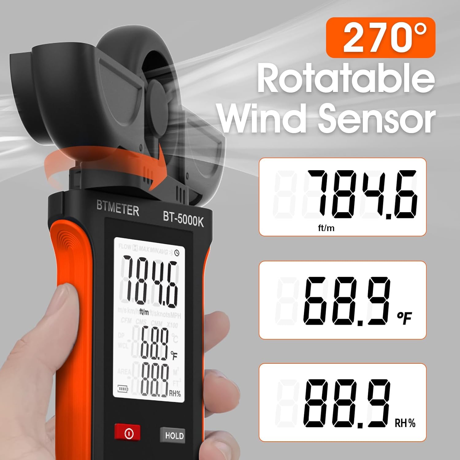 Portable Animometer BTMETER BT-5000K Handheld Anemometer with Vane Cover & 270º Rotatable