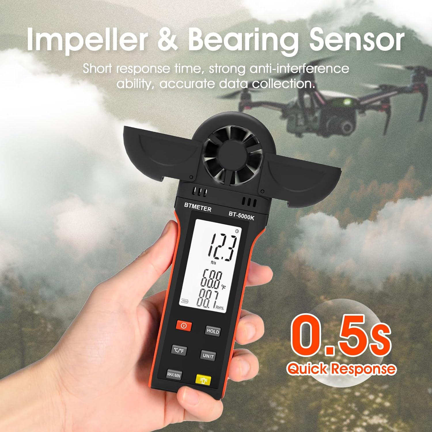 Portable Animometer BTMETER BT-5000K Handheld Anemometer with Vane Cover & 270º Rotatable