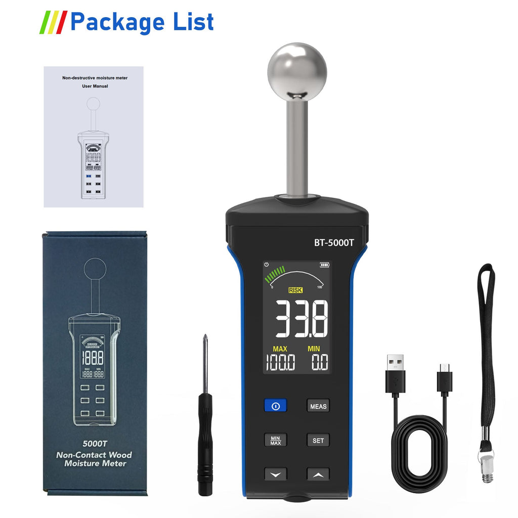 BTMETER BT-5000T Pinless Wood Moisture Meter, Non-Destructive Moisture Meter for Wood, Concrete, Floors, Walls, Measuring Depth 20-40mm Digital Moisture Meter with Masonry-Spherical Sensor - btmeter-store