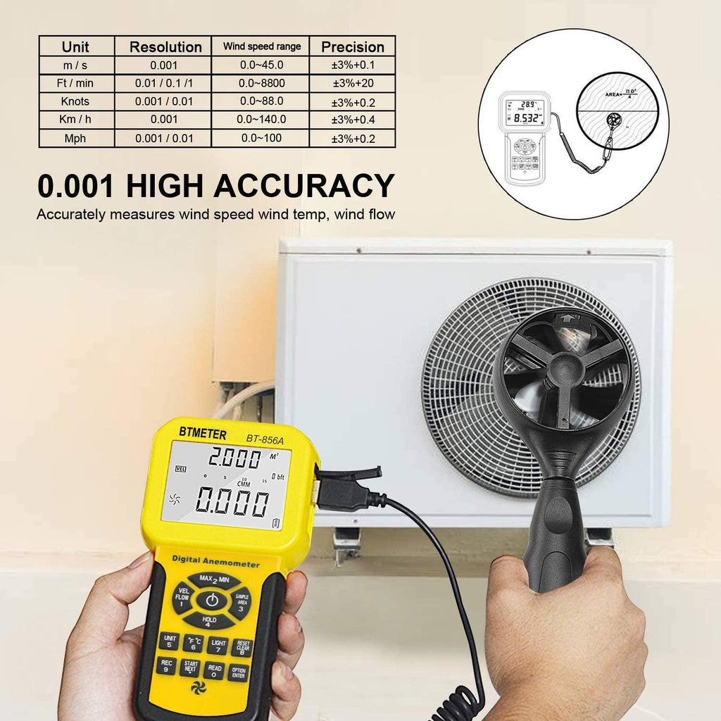 Anemometro Professionale BTMETER BT-856A - Misura Velocità, Flusso E Temperatura Dell'Aria, Con USB Per PC, Per HVAC