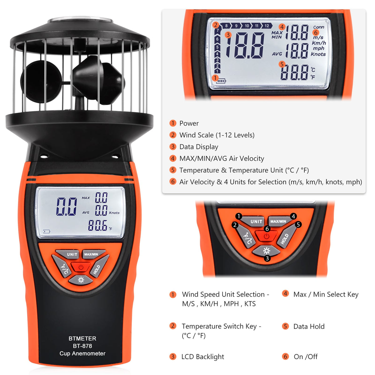 Multi Direction Anemometer BTMETER BT-878 Non-Directional Cup Anemometer - Measures Wind Speed Me