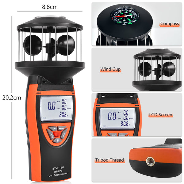 BTMETER BT-878 Non-Directional Cup Anemometer - Measures Wind Speed Me