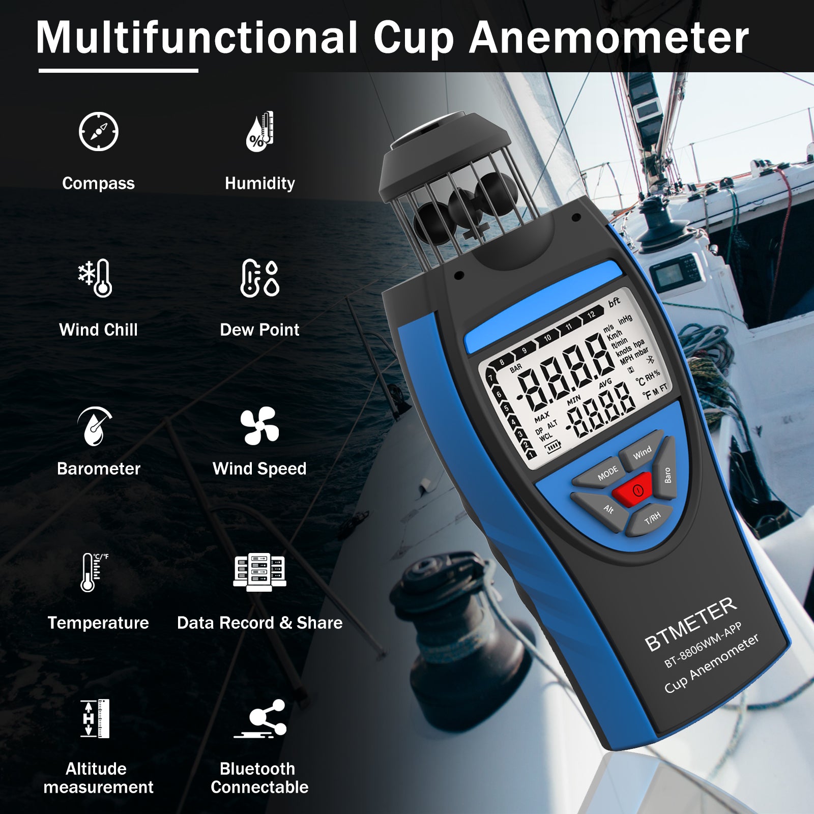 Wind Barometer Sensor BTMETER BT-8806WM-APP Cup Anemometer Handheld Air Flow Meter, Wind Spe