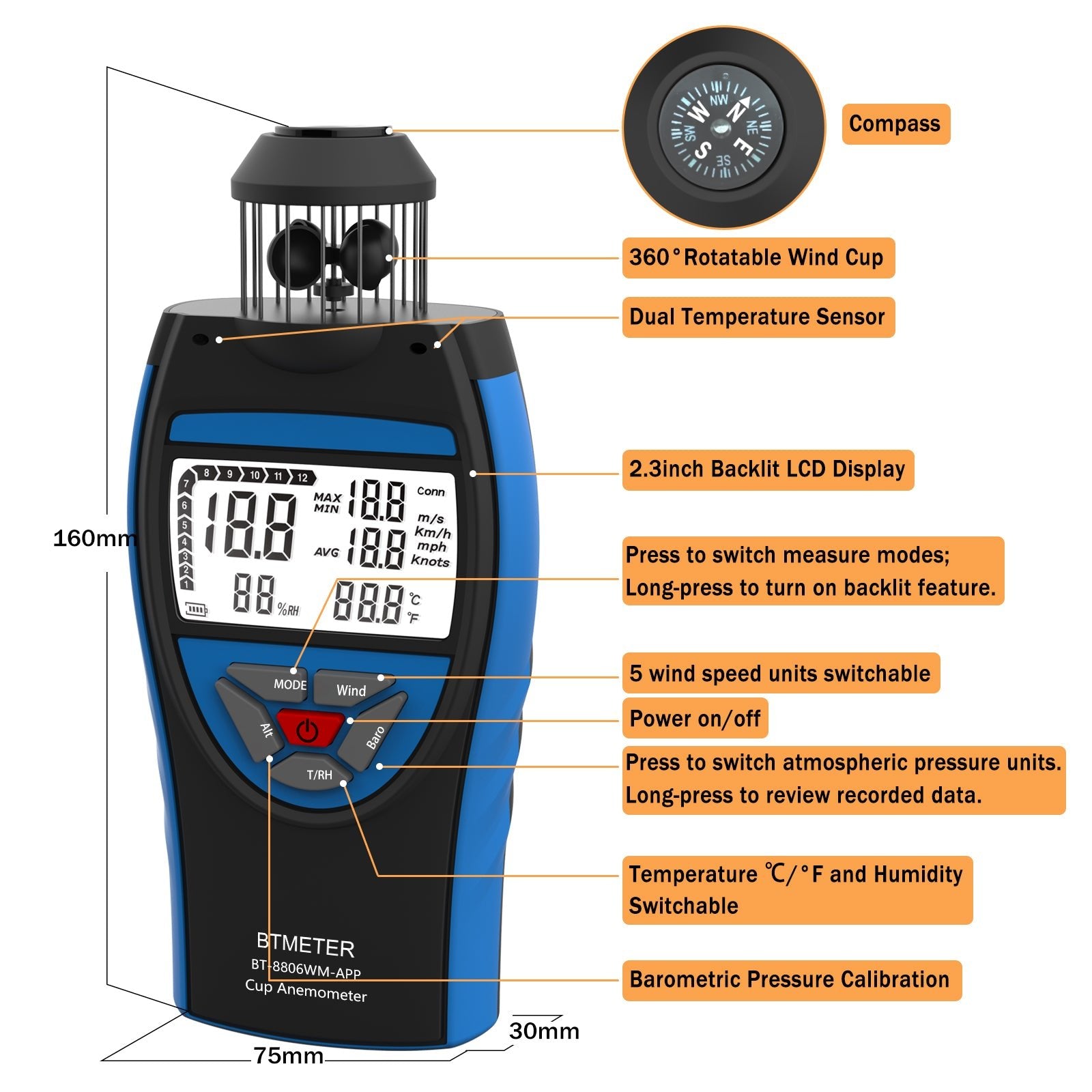 Wind Barometer Sensor BTMETER BT-8806WM-APP Cup Anemometer Handheld Air Flow Meter, Wind Spe