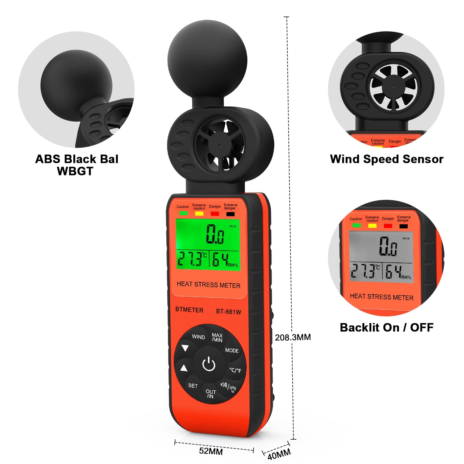 Portable Animometer BTMETER BT-881W Anemometer Handheld & Heat Stress WBGT Meter