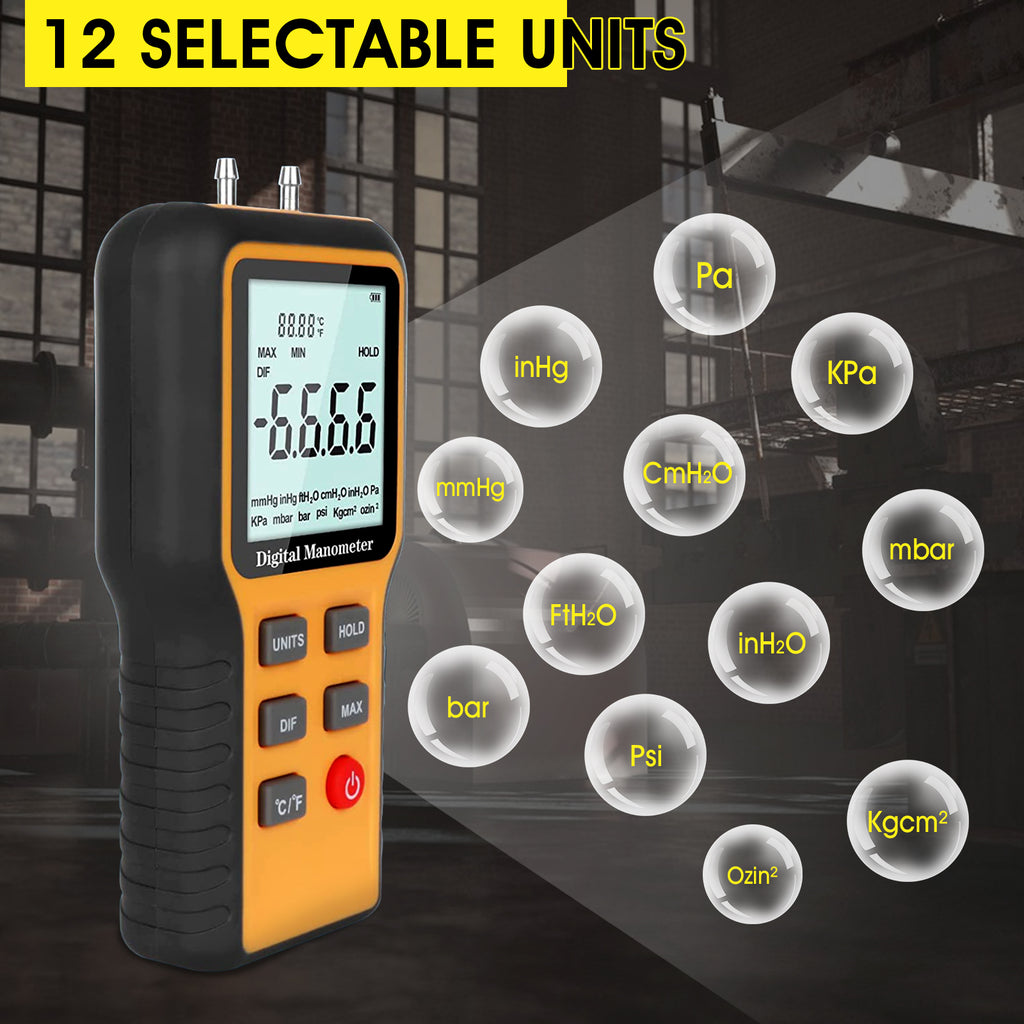 Digital Manometer Dual Input Pressure Gauge ±2psi – Air Vacuum Gas Differential Meter MAN45
